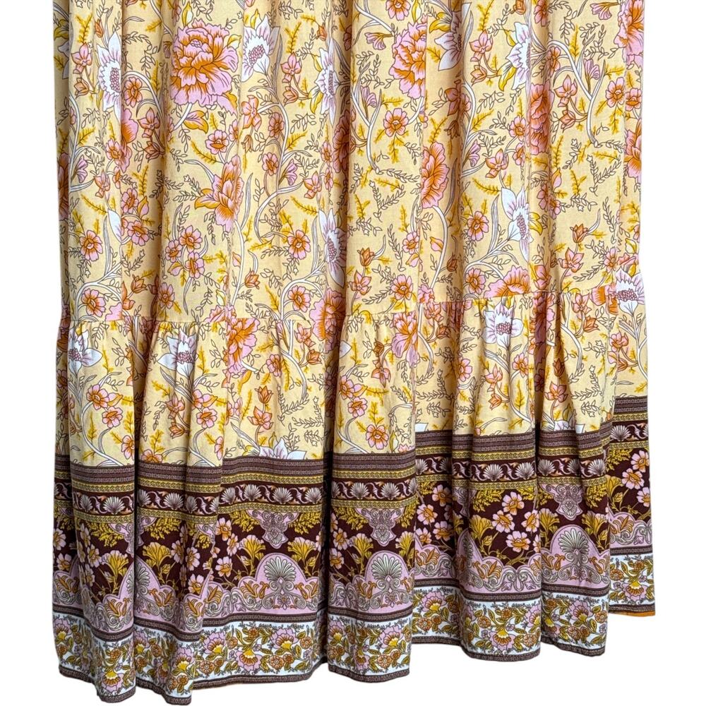 ZESICA XL Boho Floral Maxi Skirt Yellow Pink Border Print Rayon Tiered - Picture 6 of 9